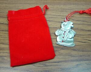 AVON PEWTER ORNAMENT-SNOWMAN WITH RED RHINESTONE ACCENTS-2011-RED VELVET BAG